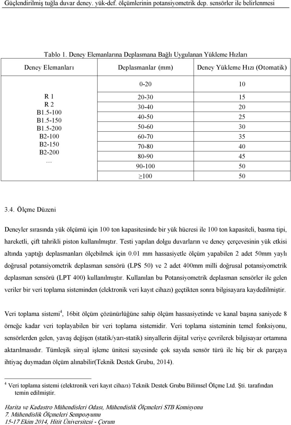 20 40 50 25 50 60 30 60 70 35 70 80 40 80 90 45 90 100 50 100 50 3.4. Ölçme Düzeni Deneyler sırasında yük ölçümü için 100 ton kapasitesinde bir yük hücresi ile 100 ton kapasiteli, basma tipi, hareketli, çift tahrikli piston kullanılmıştır.