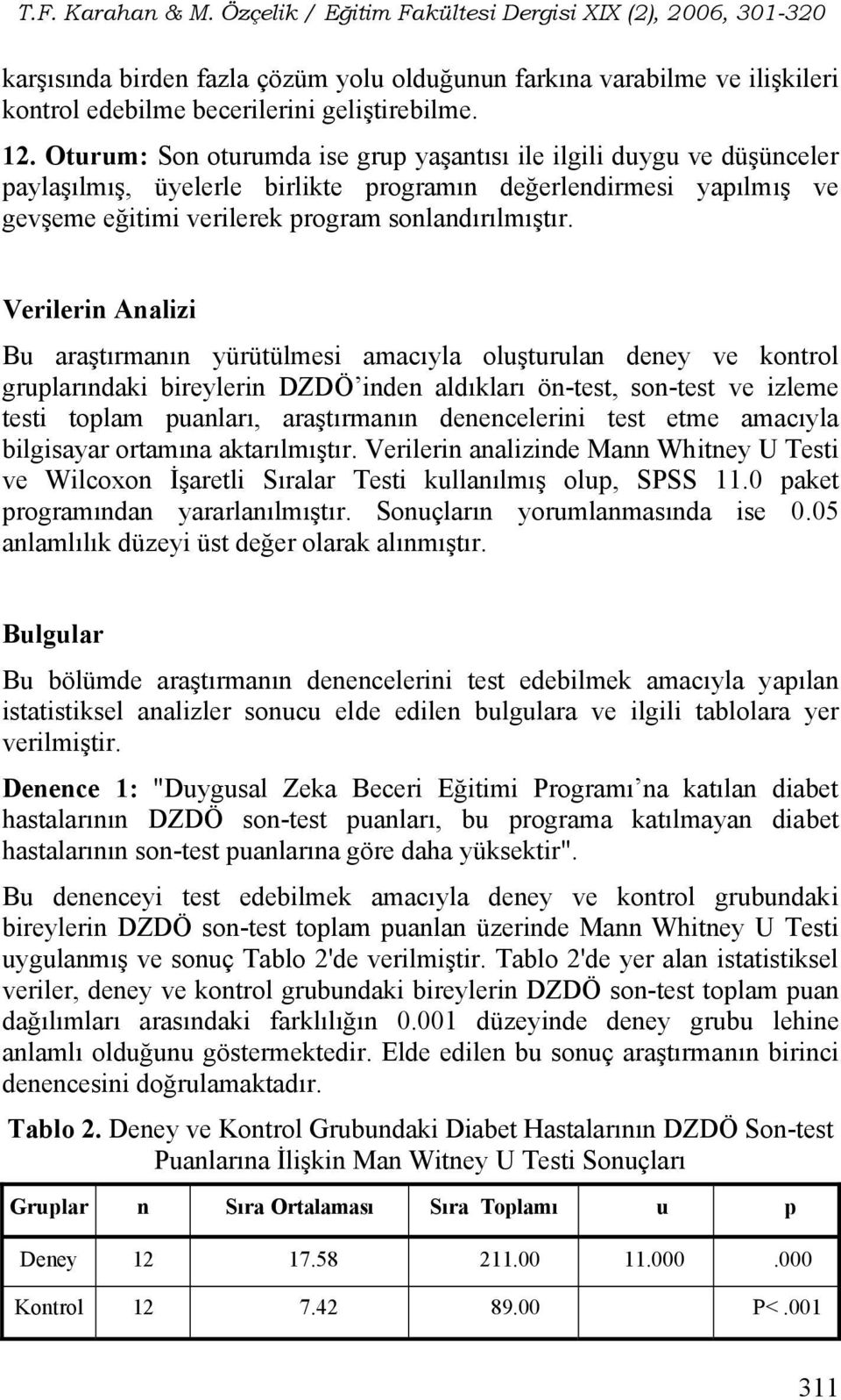 Verilerin Analizi Bu araştırmanın yürütülmesi amacıyla oluşturulan deney ve kontrol gruplarındaki bireylerin DZDÖ inden aldıkları ön-test, son-test ve izleme testi toplam puanları, araştırmanın