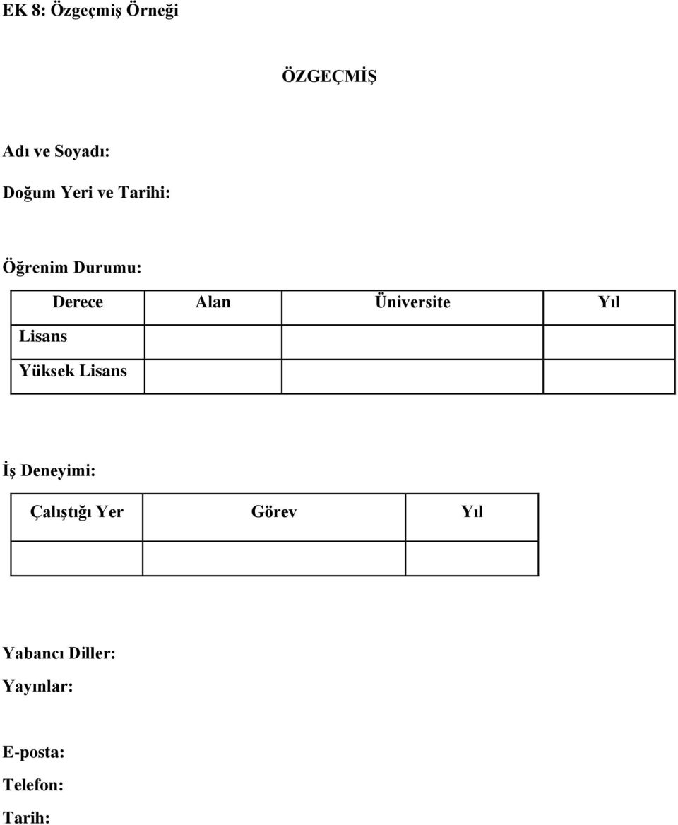 Yıl Lisans Yüksek Lisans İş Deneyimi: Çalıştığı Yer