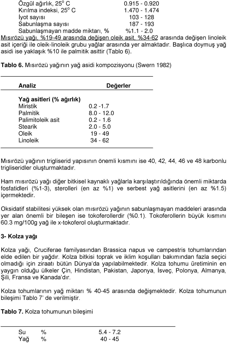 Başlıca doymuş yağ asidi ise yaklaşık %10 ile palmitik asittir (Tablo 6). Tablo 6. Mısırözü yağının yağ asidi kompozisyonu (Swern 1982) Analiz Yağ asitleri (% ağırlık) Miristik 0.2-1.7 Palmitik 8.