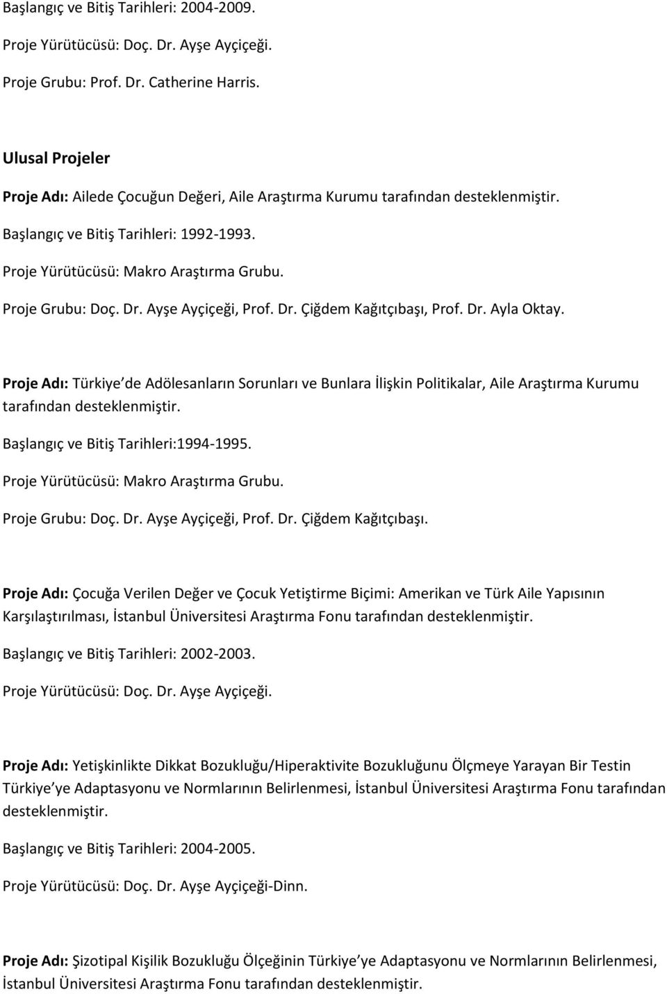 Proje Adı: Türkiye de Adölesanların Sorunları ve Bunlara İlişkin Politikalar, Aile Araştırma Kurumu tarafından desteklenmiştir. Başlangıç ve Bitiş Tarihleri:1994-1995.