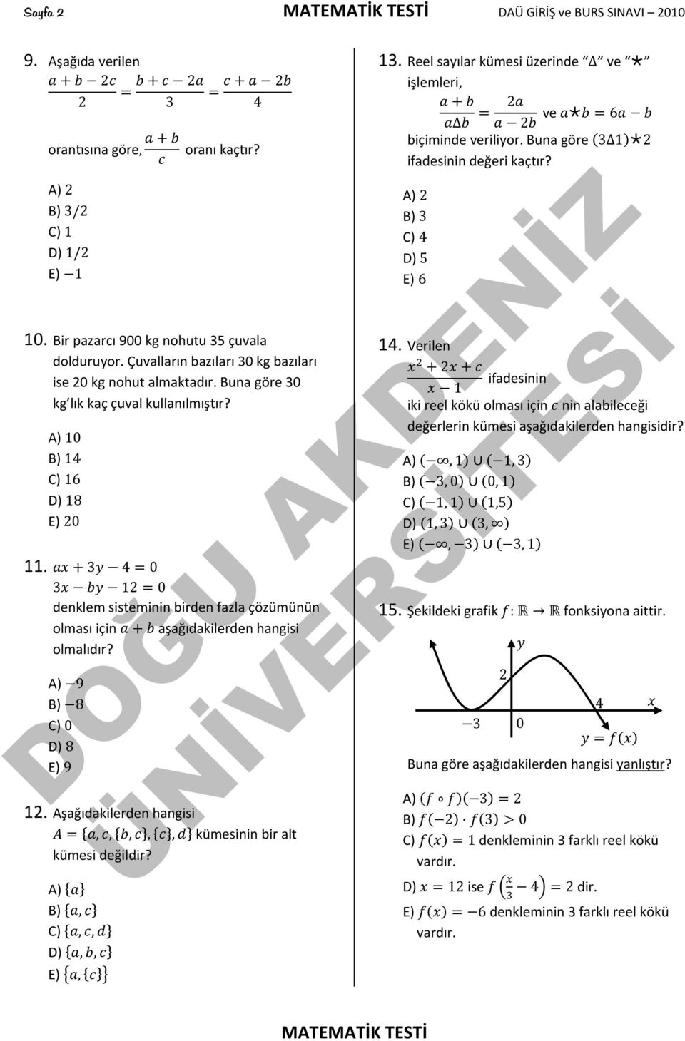 3 4 0 3 12 0 denklem sisteminin birden fazla çözümünün olması için aşağıdakilerden hangisi olmalıdır? A) 9 B) 8 C) 0 D) 8 E) 9 12. Aşağıdakilerden hangisi,,,,, kümesinin bir alt kümesi değildir?