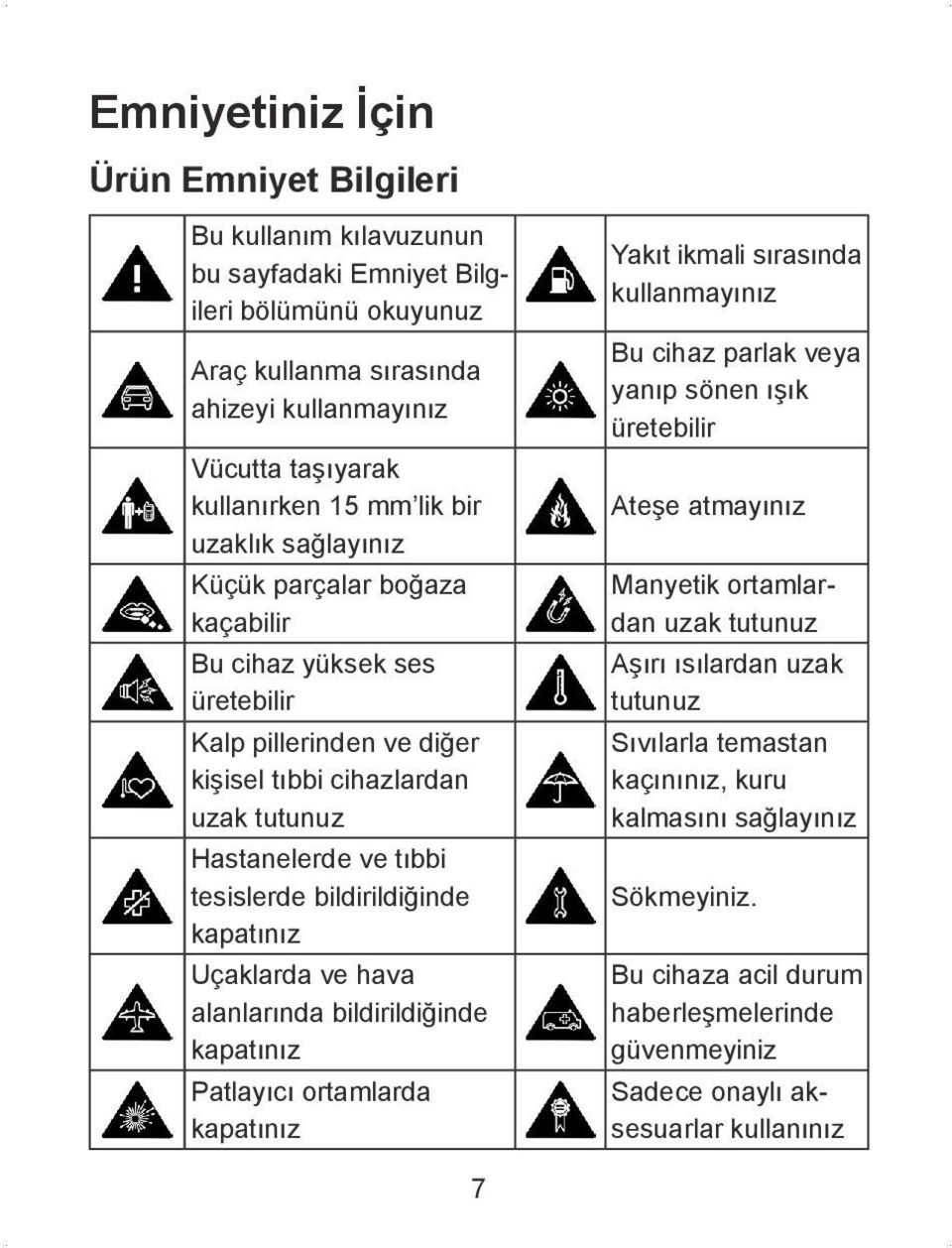 kapatınız Uçaklarda ve hava alanlarında bildirildiğinde kapatınız Patlayıcı ortamlarda kapatınız Yakıt ikmali sırasında kullanmayınız Bu cihaz parlak veya yanıp sönen ışık üretebilir Ateşe atmayınız