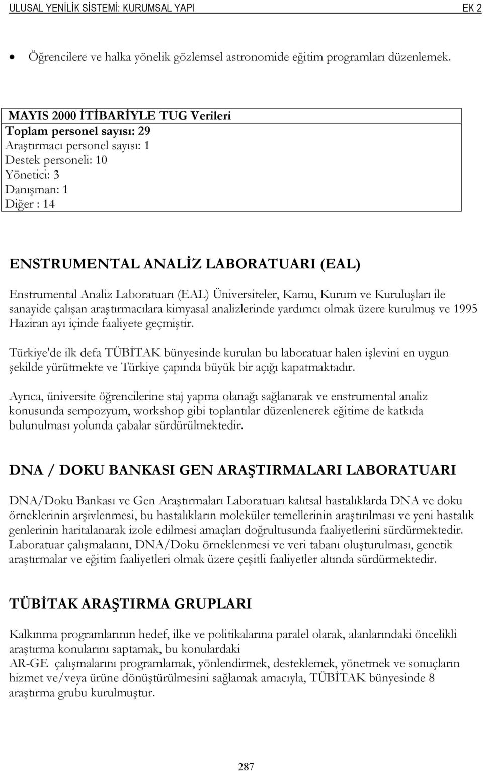 Analiz Laboratuarı (EAL) Üniversiteler, Kamu, Kurum ve Kuruluşları ile sanayide çalışan araştırmacılara kimyasal analizlerinde yardımcı olmak üzere kurulmuş ve 1995 Haziran ayı içinde faaliyete