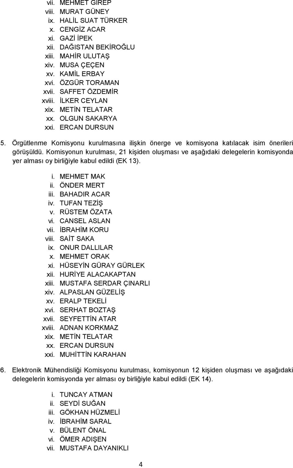 Komisyonun kurulması, 21 kişiden oluşması ve aşağıdaki delegelerin komisyonda yer alması oy birliğiyle kabul edildi (EK 13). i. MEHMET MAK ii. ÖNDER MERT iii. BAHADIR ACAR iv. TUFAN TEZİŞ v.