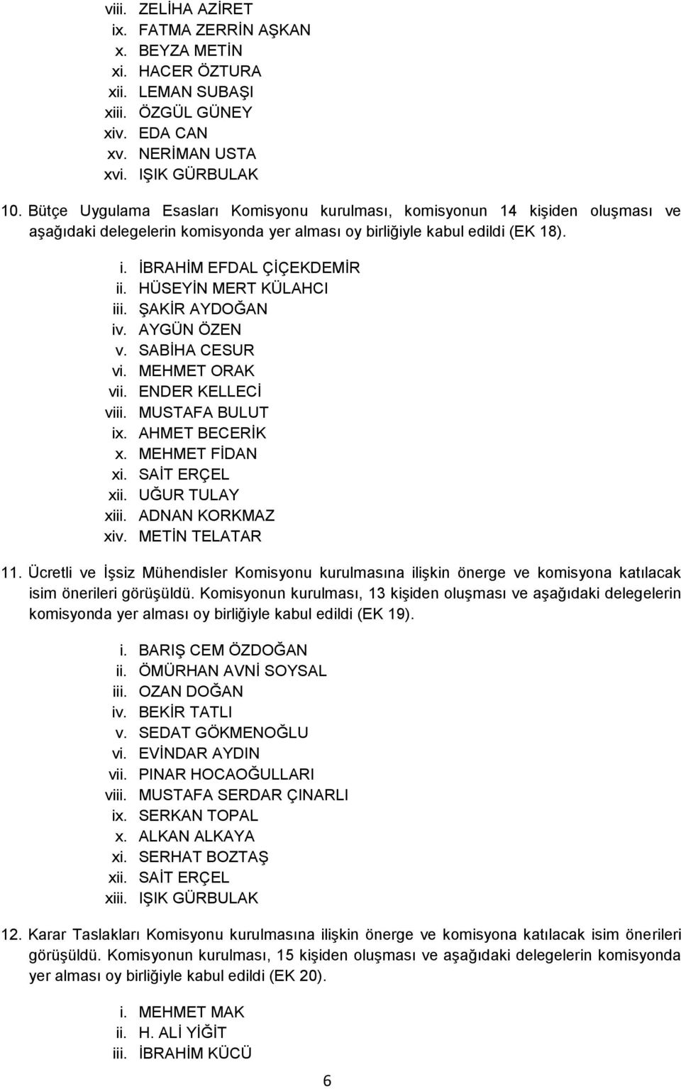 HÜSEYİN MERT KÜLAHCI iii. ŞAKİR AYDOĞAN iv. AYGÜN ÖZEN v. SABİHA CESUR vi. MEHMET ORAK vii. ENDER KELLECİ viii. MUSTAFA BULUT ix. AHMET BECERİK x. MEHMET FİDAN xi. SAİT ERÇEL xii. UĞUR TULAY xiii.