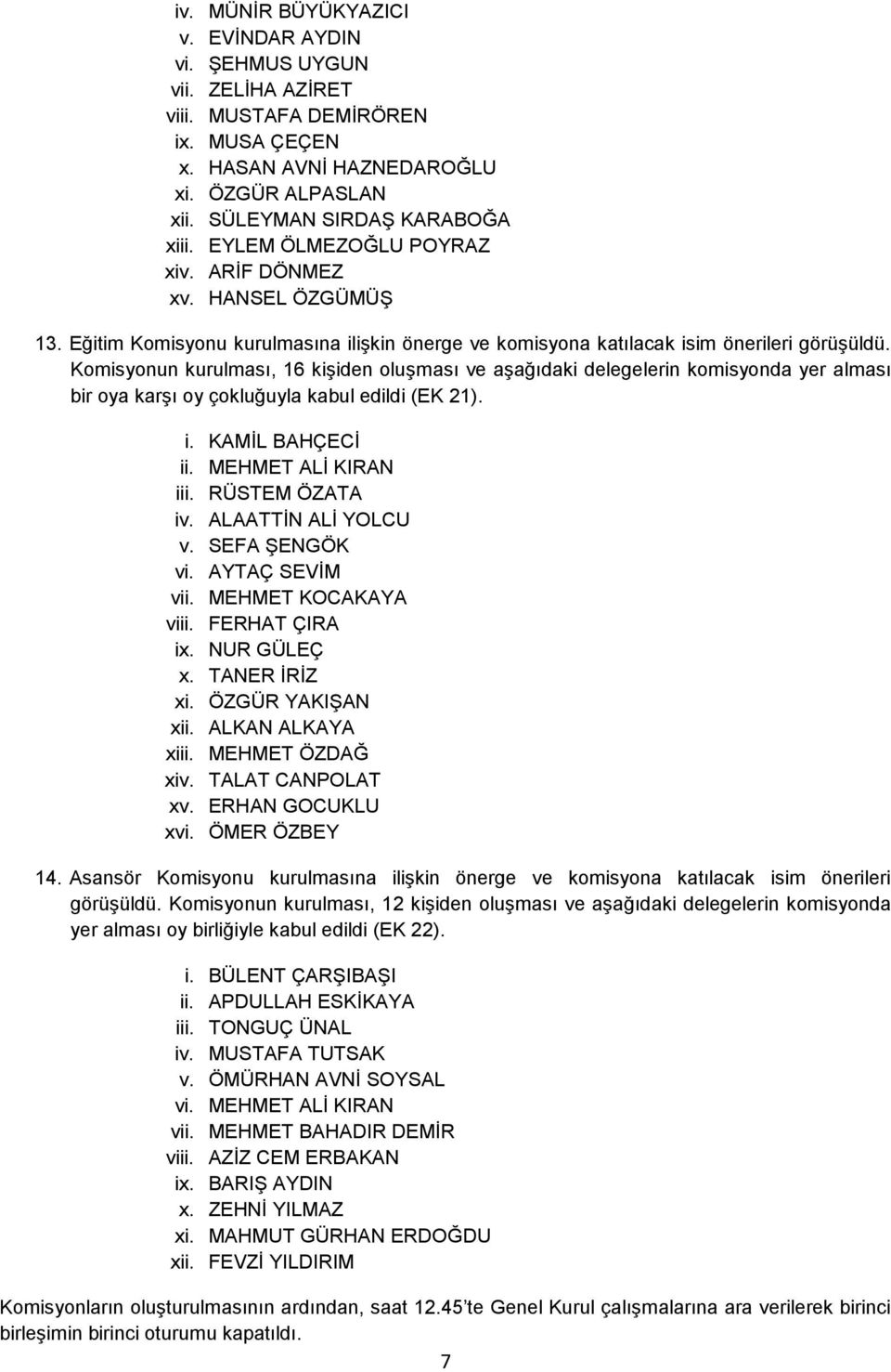 Komisyonun kurulması, 16 kişiden oluşması ve aşağıdaki delegelerin komisyonda yer alması bir oya karşı oy çokluğuyla kabul edildi (EK 21). i. KAMİL BAHÇECİ ii. MEHMET ALİ KIRAN iii. RÜSTEM ÖZATA iv.