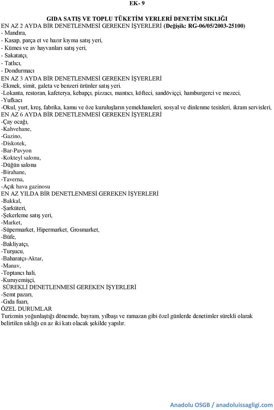 -Lokanta, restoran, kafeterya, kebapçı, pizzacı, mantıcı, köfteci, sandöviççi, hamburgerci ve mezeci, -Yufkacı -Okul, yurt, kreş, fabrika, kamu ve öze kuruluşların yemekhaneleri, sosyal ve dinlenme