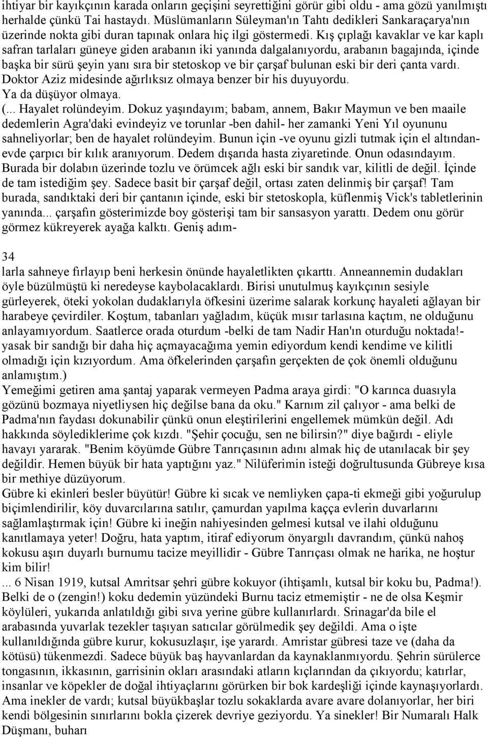 Kış çıplağı kavaklar ve kar kaplı safran tarlaları güneye giden arabanın iki yanında dalgalanıyordu, arabanın bagajında, içinde başka bir sürü şeyin yanı sıra bir stetoskop ve bir çarşaf bulunan eski