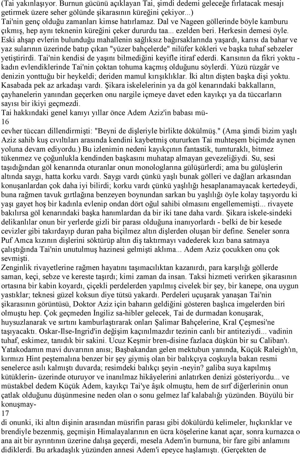 Eski ahşap evlerin bulunduğu mahallenin sağlıksız bağırsaklarında yaşardı, karısı da bahar ve yaz sularının üzerinde batıp çıkan "yüzer bahçelerde" nilüfer kökleri ve başka tuhaf sebzeler