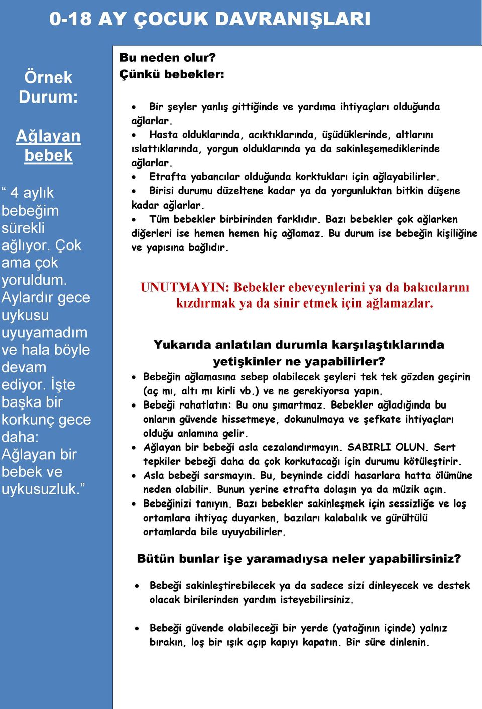 Hasta olduklarında, acıktıklarında, üşüdüklerinde, altlarını ıslattıklarında, yorgun olduklarında ya da sakinleşemediklerinde ağlarlar. Etrafta yabancılar olduğunda korktukları için ağlayabilirler.