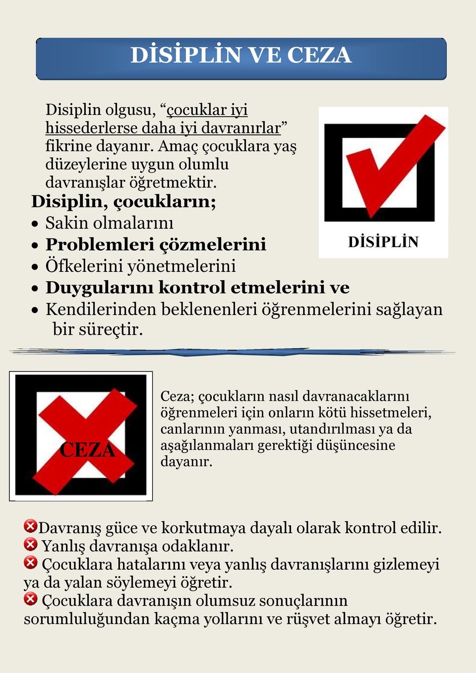 CEZA Ceza; çocukların nasıl davranacaklarını öğrenmeleri için onların kötü hissetmeleri, canlarının yanması, utandırılması ya da aşağılanmaları gerektiği düşüncesine dayanır.