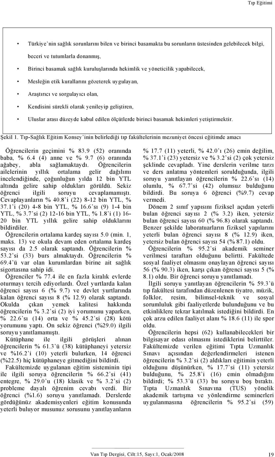 birinci basamak hekimleri yetiştirmektir. Şekil 1. Tıp-Sağlık Eğitim Konsey inin belirlediği tıp fakültelerinin mezuniyet öncesi eğitimde amacı Öğrencilerin geçimini % 83.9 (52) oranında baba, % 6.