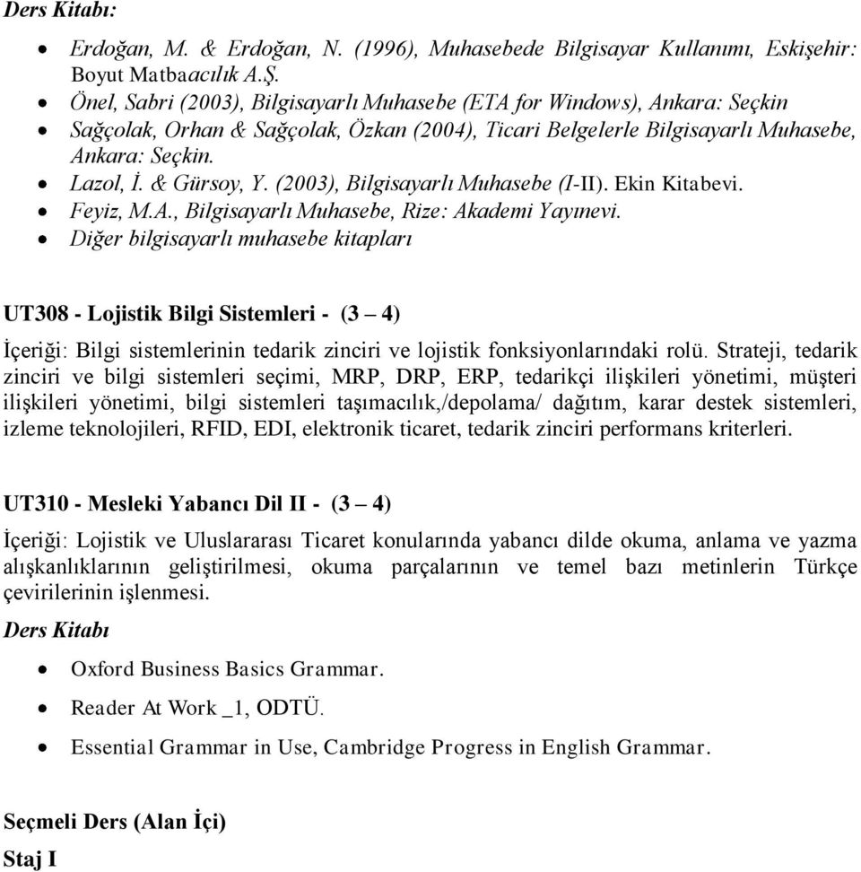 (2003), Bilgisayarlı Muhasebe (I-II). Ekin Kitabevi. Feyiz, M.A., Bilgisayarlı Muhasebe, Rize: Akademi Yayınevi.
