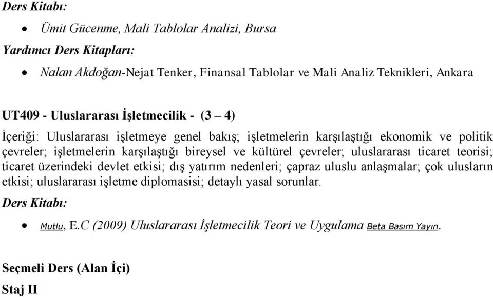 ve kültürel çevreler; uluslararası ticaret teorisi; ticaret üzerindeki devlet etkisi; dış yatırım nedenleri; çapraz uluslu anlaşmalar; çok ulusların etkisi;