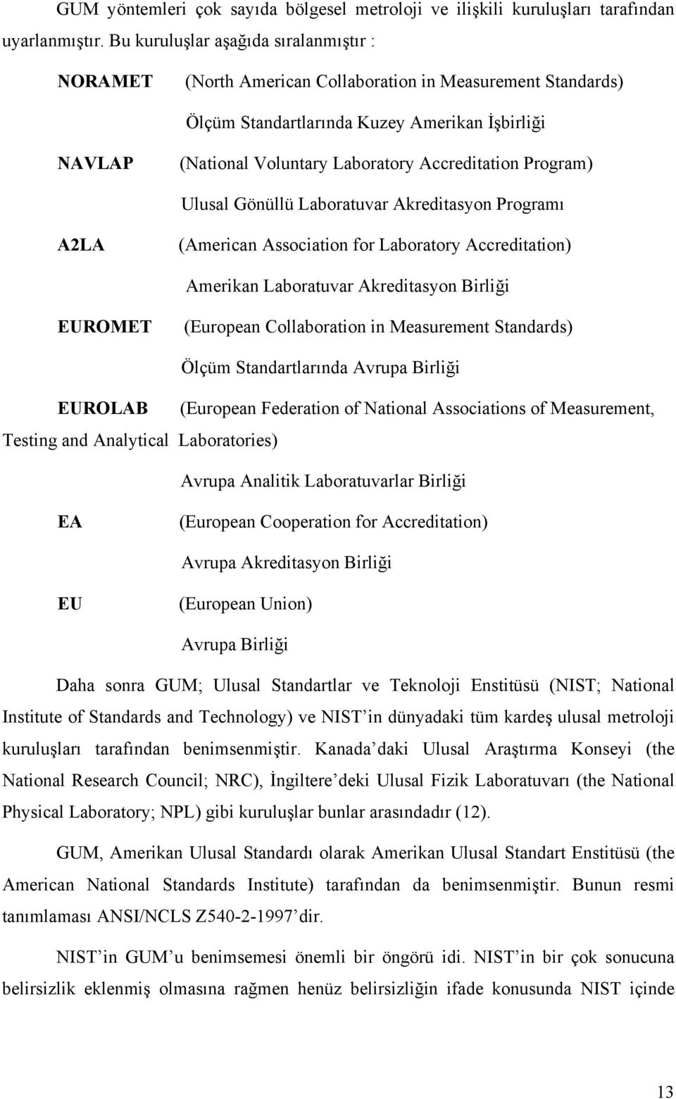 Accreditation Program) Ulusal Gönüllü Laboratuvar Akreditasyon Programı ALA (American Association for Laboratory Accreditation) Amerikan Laboratuvar Akreditasyon Birliği EUROMET (European