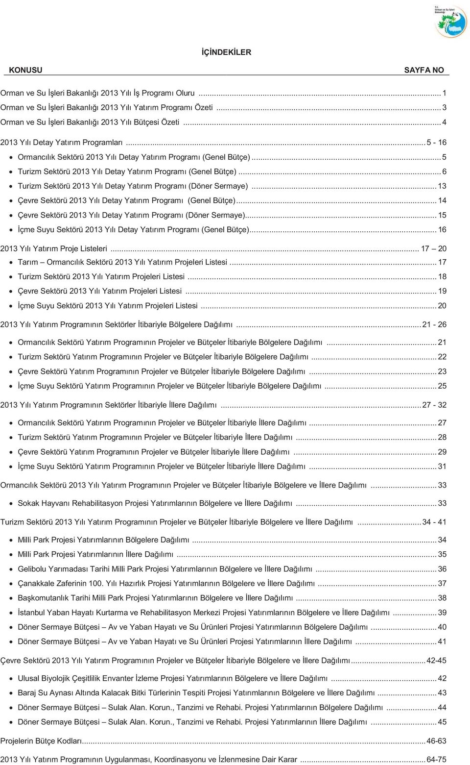 .. 6 Turizm Sektörü Detay Yatırım Programı (Döner Sermaye)... 13 Çevre Sektörü Detay Yatırım Programı (Genel Bütçe)... 14 Çevre Sektörü Detay Yatırım Programı (Döner Sermaye).