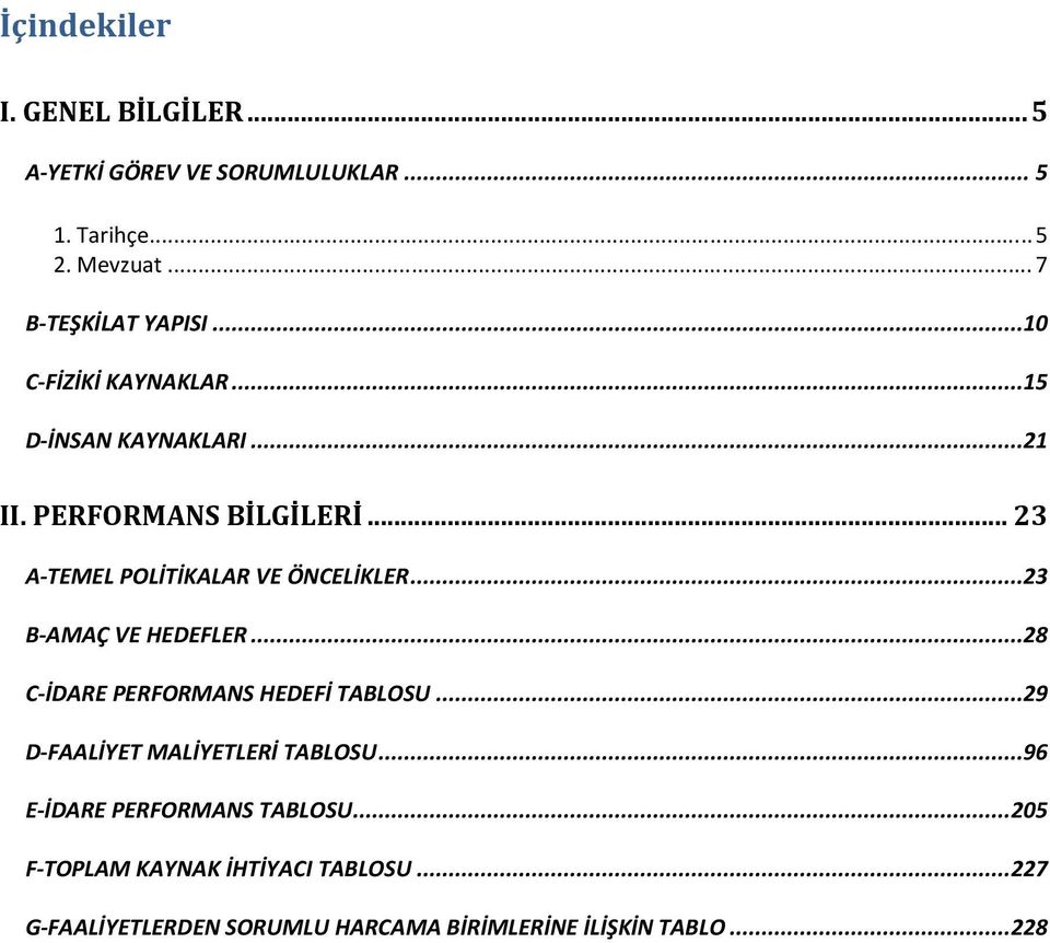 .. 23 B-AMAÇ VE HEDEFLER... 28 C-İDARE PERFORMANS HEDEFİ TABLOSU... 29 D-FAALİYET MALİYETLERİ TABLOSU.