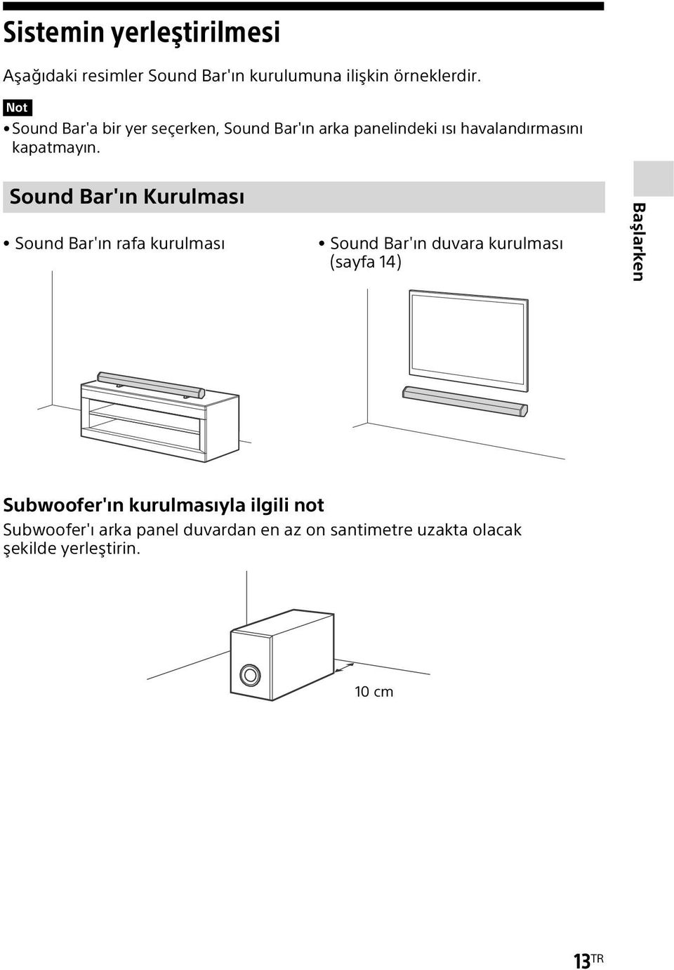 Sound Bar'ın Kurulması Sound Bar'ın rafa kurulması Sound Bar'ın duvara kurulması (sayfa 14) Başlarken