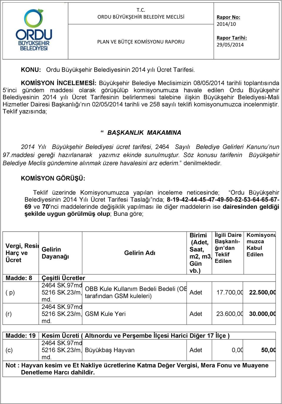 Tarifesinin belirlenmesi talebine ilişkin Büyükşehir Belediyesi-Mali Hizmetler Dairesi Başkanlığı nın 02/05/2014 tarihli ve 258 sayılı teklifi komisyonumuzca incelenmiştir.