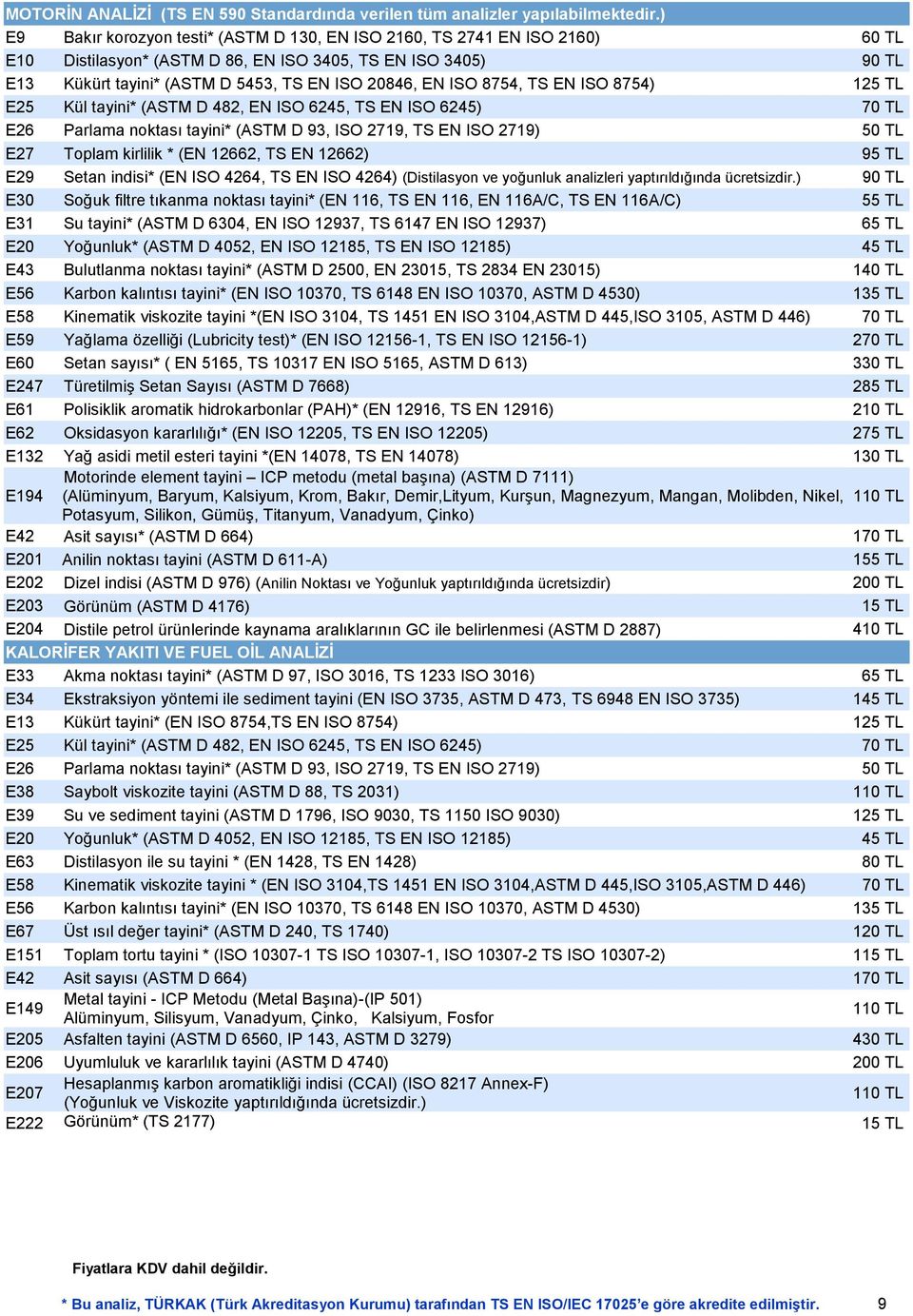ISO 8754, TS EN ISO 8754) 125 TL E25 Kül tayini* (ASTM D 482, EN ISO 6245, TS EN ISO 6245) 70 TL E26 Parlama noktası tayini* (ASTM D 93, ISO 2719, TS EN ISO 2719) 50 TL E27 Toplam kirlilik * (EN