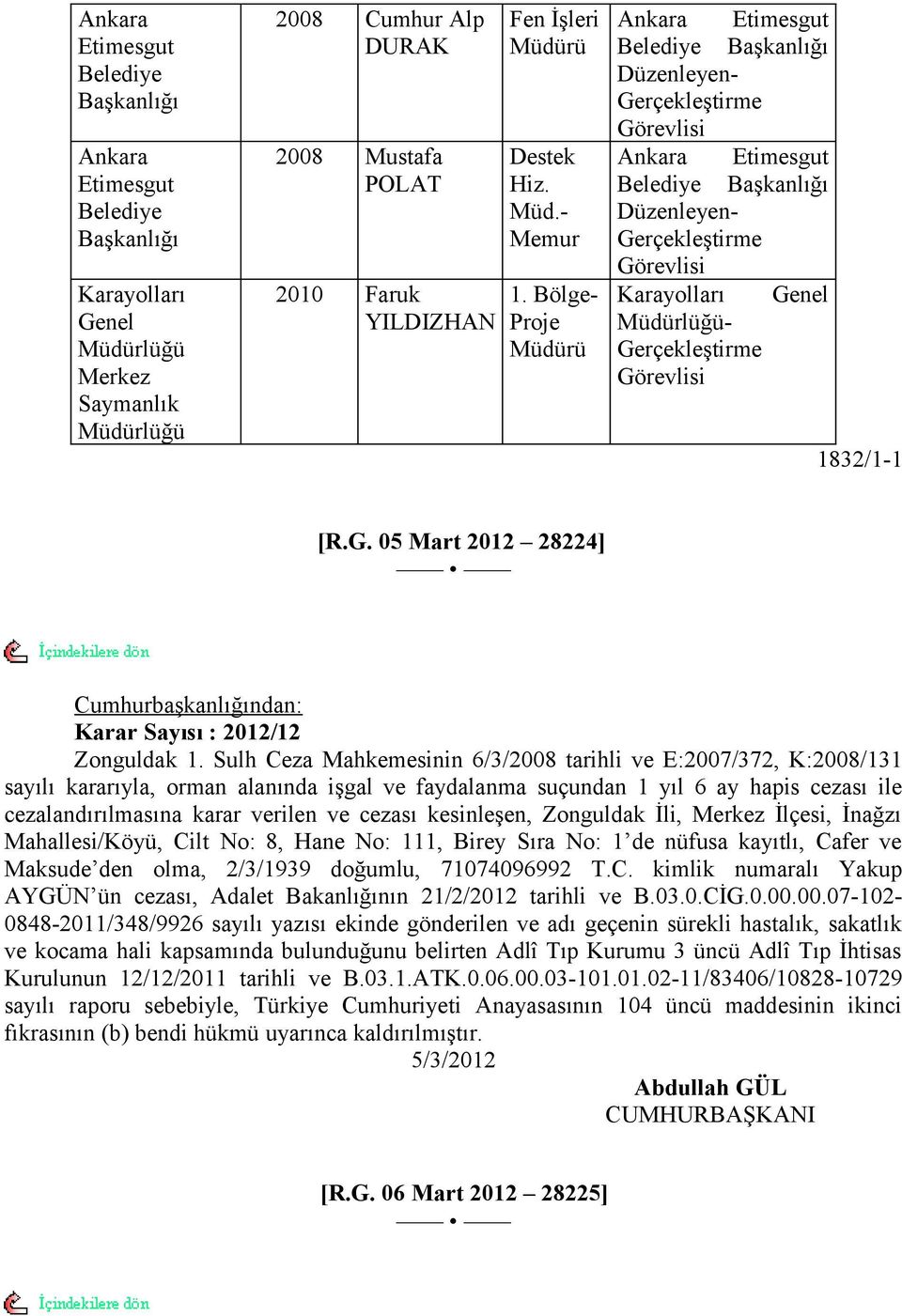 Bölge- Karayolları Genel YILDIZHAN Proje MüdürlüğüMüdürü Gerçekleştirme Görevlisi 1832/1-1 [R.G. 05 Mart 2012 28224] Cumhurbaşkanlığından: Karar Sayısı : 2012/12 Zonguldak 1.