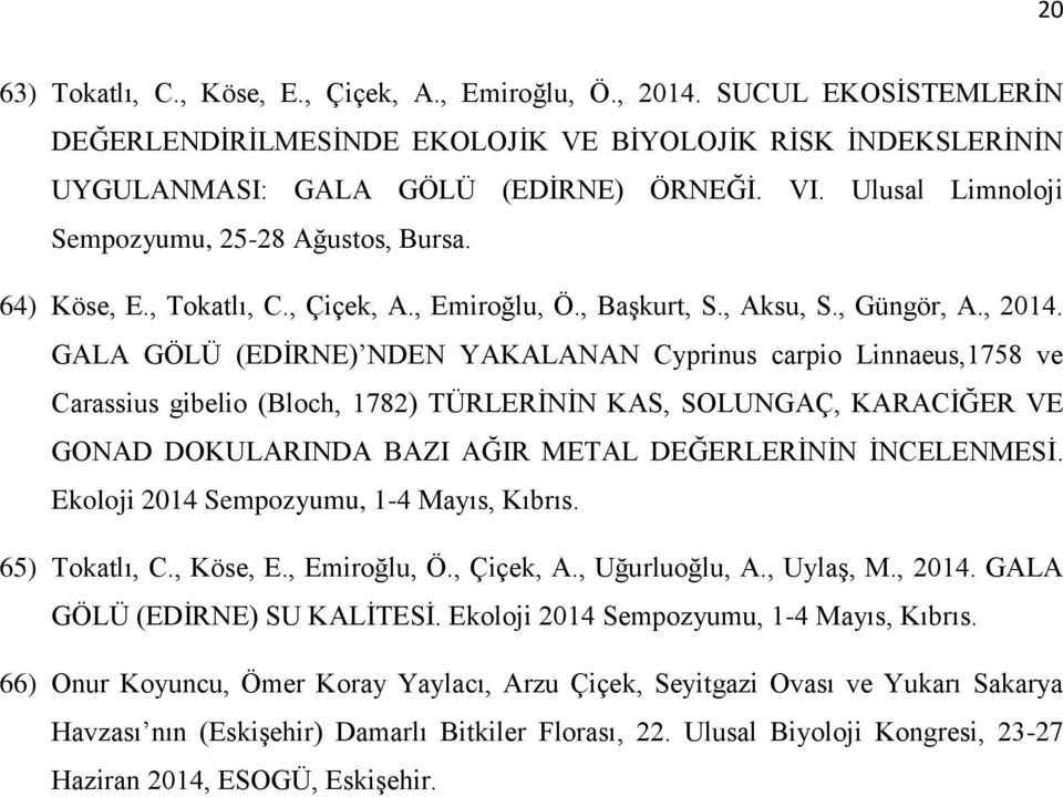 GALA GÖLÜ (EDİRNE) NDEN YAKALANAN Cyprinus carpio Linnaeus,1758 ve Carassius gibelio (Bloch, 1782) TÜRLERİNİN KAS, SOLUNGAÇ, KARACİĞER VE GONAD DOKULARINDA BAZI AĞIR METAL DEĞERLERİNİN İNCELENMESİ.