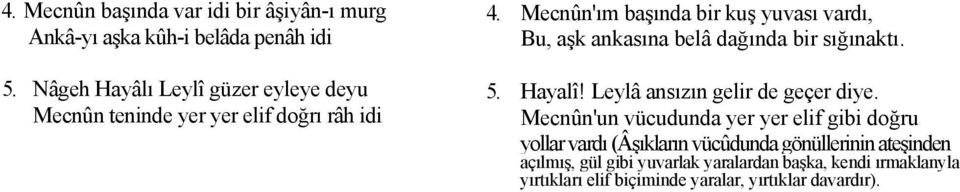 Mecnûn'ım başında bir kuş yuvası vardı, Bu, aşk ankasına belâ dağında bir sığınaktı. 5. Hayalî!