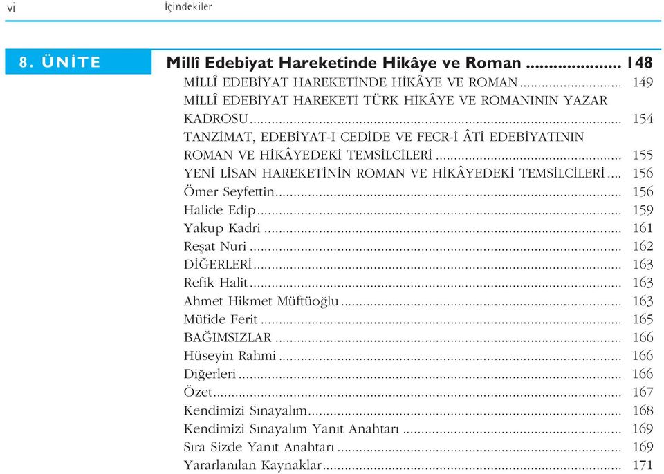 .. 155 YEN L SAN HAREKET N N ROMAN VE H KÂYEDEK TEMS LC LER... 156 Ömer Seyfettin... 156 Halide Edip... 159 Yakup Kadri... 161 Reflat Nuri... 162 D ERLER... 163 Refik Halit.