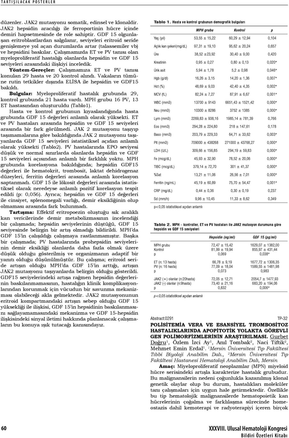 Çalışmamızda ET ve PV tanısı olan myeloproliferatif hastalığı olanlarda hepsidin ve GDF 15 seviyeleri arasındaki ilişkiyi inceledik.