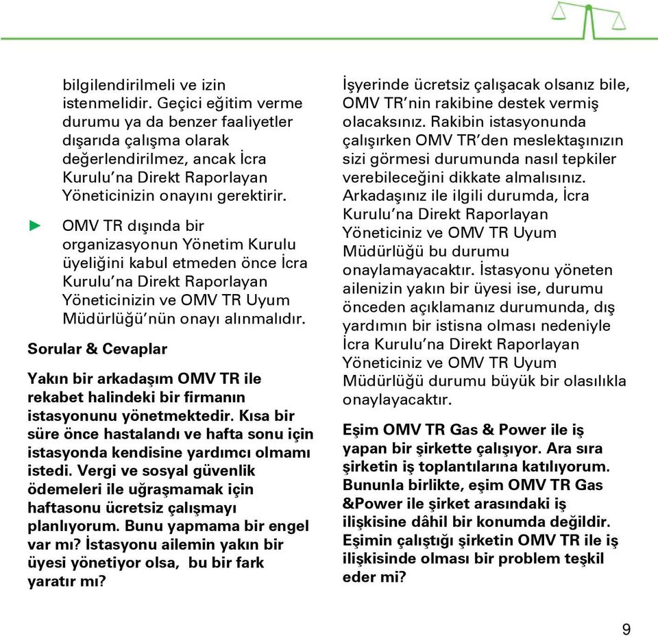 OMV TR dışında bir organizasyonun Yönetim Kurulu üyeliğini kabul etmeden önce İcra Kurulu na Direkt Raporlayan Yöneticinizin ve OMV TR Uyum Müdürlüğü nün onayı alınmalıdır.