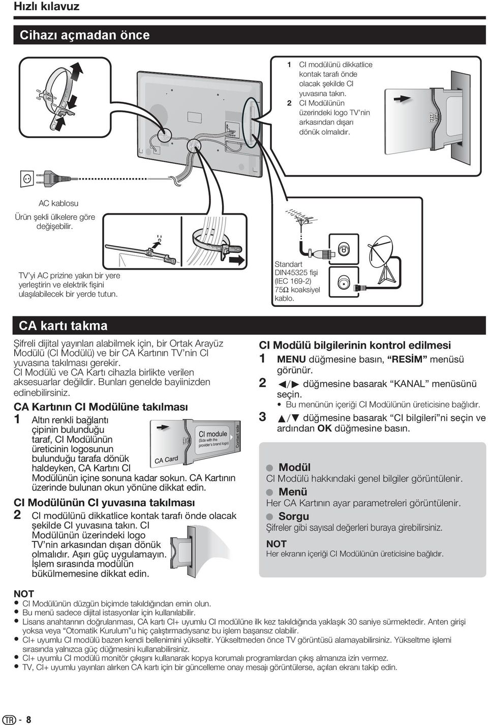 CA kartı takma Şifreli dijital yayınları alabilmek için, bir Ortak Arayüz Modülü (CI Modülü) ve bir CA Kartının TV nin CI yuvasına takılması gerekir.