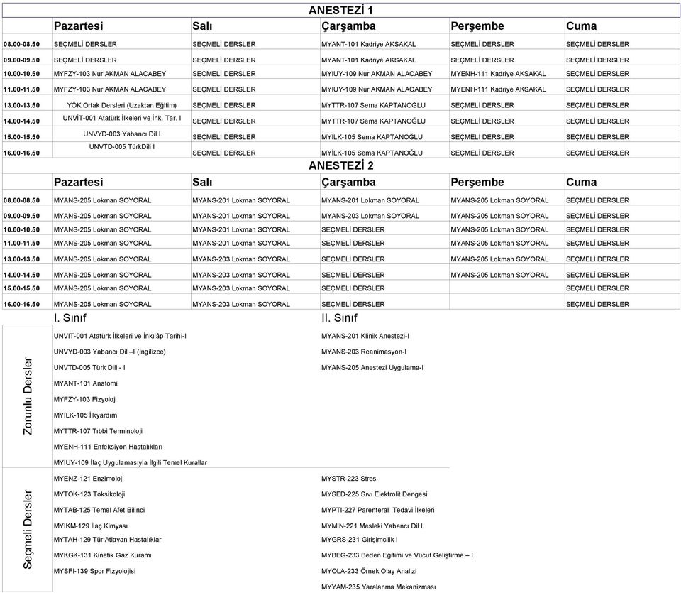 50 MYFZY-103 Nur AKMAN ALACABEY SEÇMELİ DERSLER MYIUY-109 Nur AKMAN ALACABEY MYENH-111 Kadriye AKSAKAL SEÇMELİ DERSLER 11.00-11.