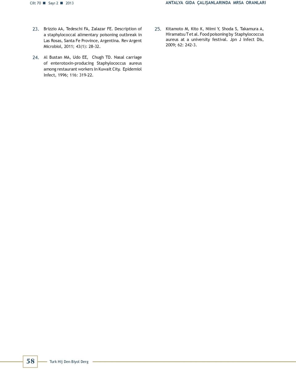 Kitamoto M, Kito K, Niimi Y, Shoda S, Takamura A, Hiramatsu T et al. Food poisoning by Staphylococcus aureus at a university festival.