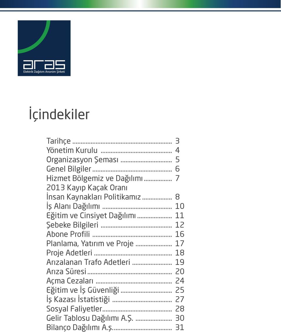 .. Abone Profili... Planlama, Yatırım ve Proje... Proje Adetleri... Arızalanan Trafo Adetleri... Arıza Süresi... Açma Cezaları.