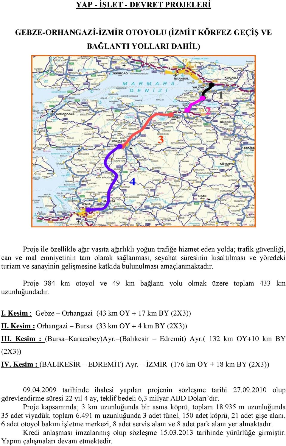 Proje 384 km otoyol ve 49 km bağlantı yolu olmak üzere toplam 433 km uzunluğundadır. I. Kesim : Gebze Orhangazi (43 km OY + 17 km BY (2X3)) II. Kesim : Orhangazi Bursa (33 km OY + 4 km BY (2X3)) III.