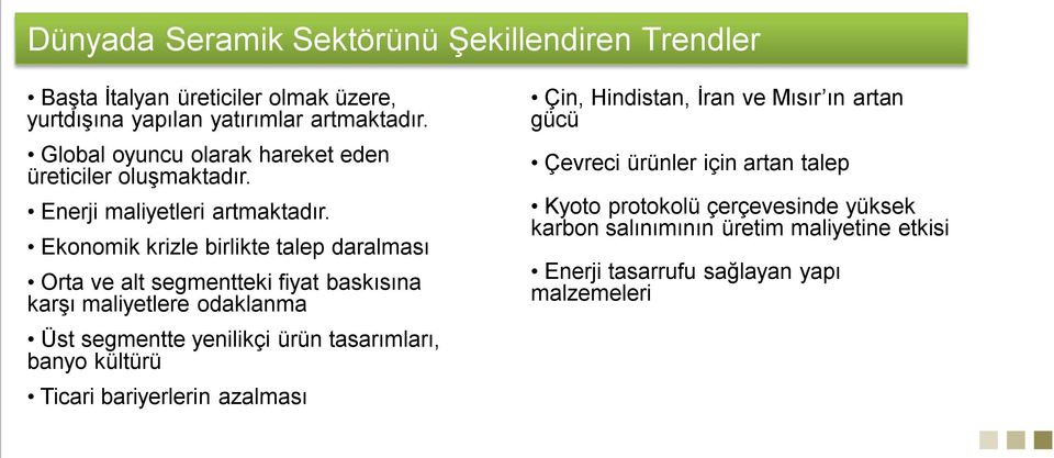 Ekonomik krizle birlikte talep daralması Orta ve alt segmentteki fiyat baskısına karşı maliyetlere odaklanma Üst segmentte yenilikçi ürün tasarımları,