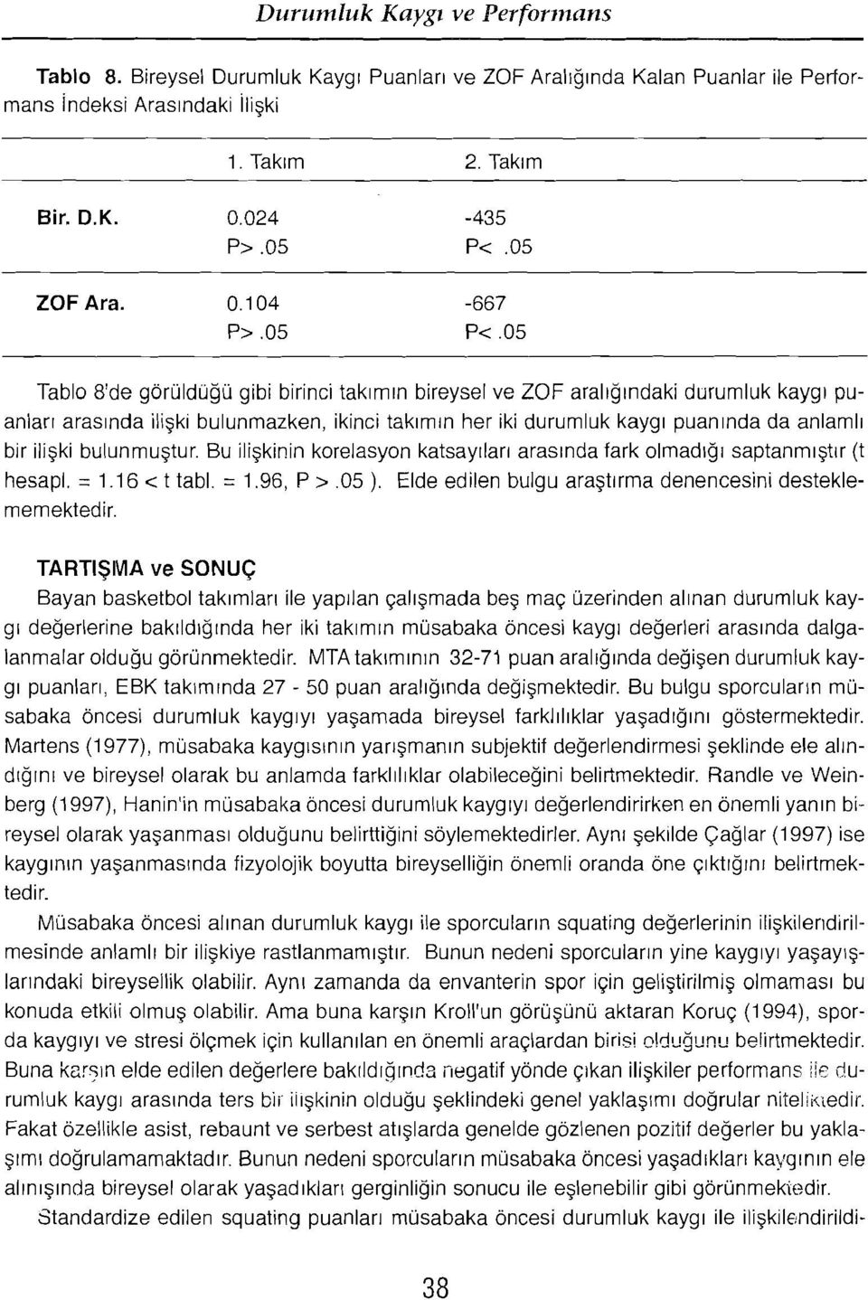 05 Tablo 8'de gbruldugu gibi birinci takrrrun bireysel ve ZOF arahqmdaki durumluk kayq: puanlarr arasinda ili~ki bulunmazken, ikinci takirrun her iki durumluk kayq: puarunda da anlarnh bir iliski