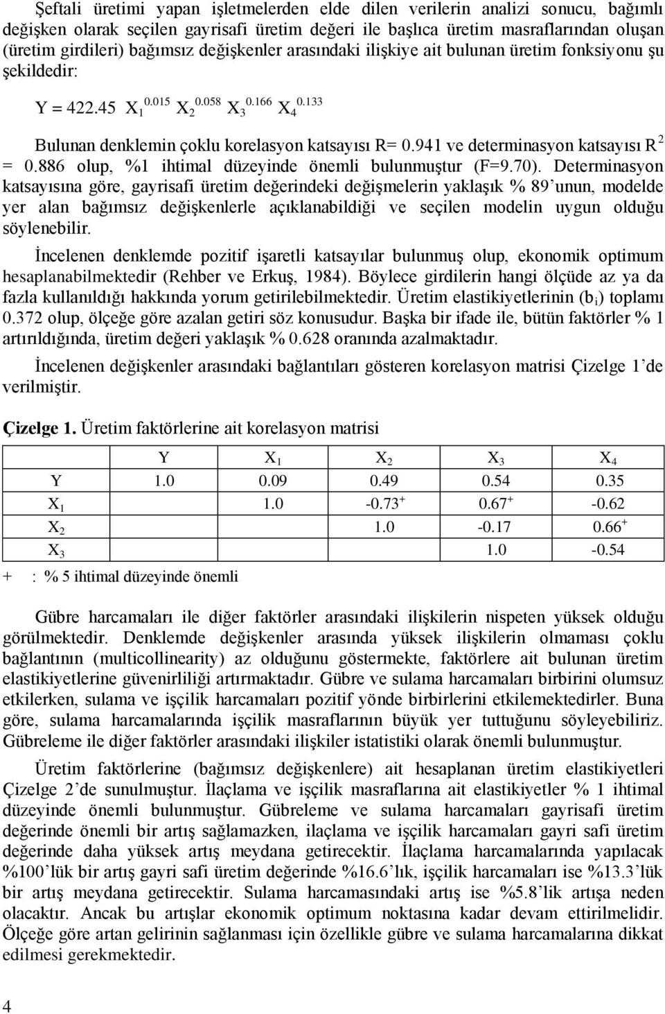 941 ve determinasyon katsayısı R 2 = 0.886 olup, %1 ihtimal düzeyinde önemli bulunmuştur (F=9.70).