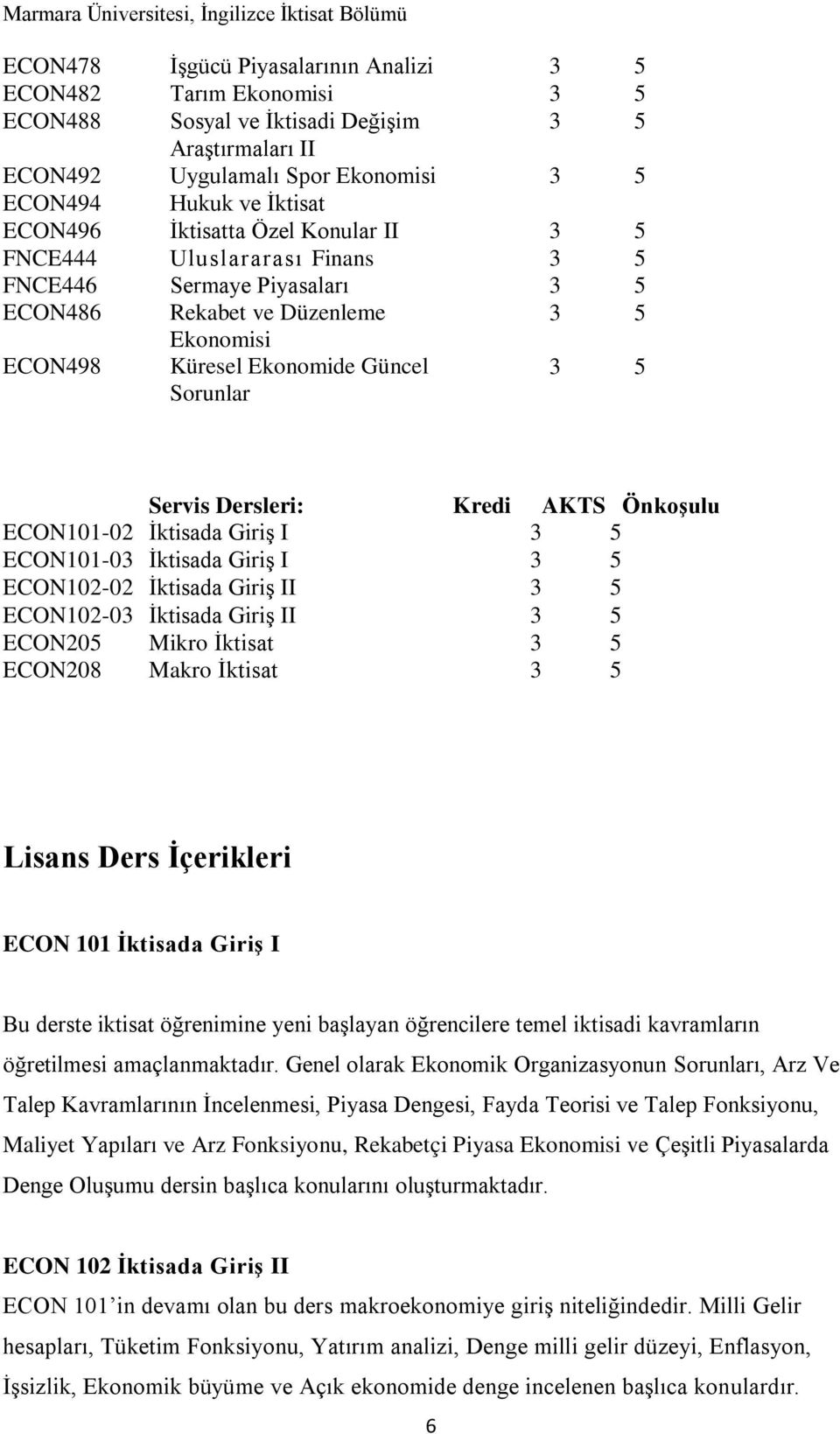 Kredi AKTS Önkoşulu ECON101-02 İktisada Giriş I 3 5 ECON101-03 İktisada Giriş I 3 5 ECON102-02 İktisada Giriş II 3 5 ECON102-03 İktisada Giriş II 3 5 ECON205 Mikro İktisat 3 5 ECON208 Makro İktisat 3