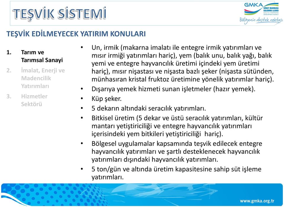 üretimi hariç), mısır nişastası ve nişasta bazlı şeker (nişasta sütünden, münhasıran kristal fruktoz üretimine yönelik yatırımlar hariç). Dışarıya yemek hizmeti sunan işletmeler (hazır yemek).