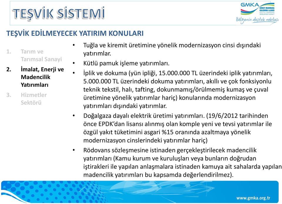 000 TL üzerindeki iplik yatırımları, 5.000.000 TL üzerindeki dokuma yatırımları, akıllı ve çok fonksiyonlu teknik tekstil, halı, tafting, dokunmamış/örülmemiş kumaş ve çuval üretimine yönelik