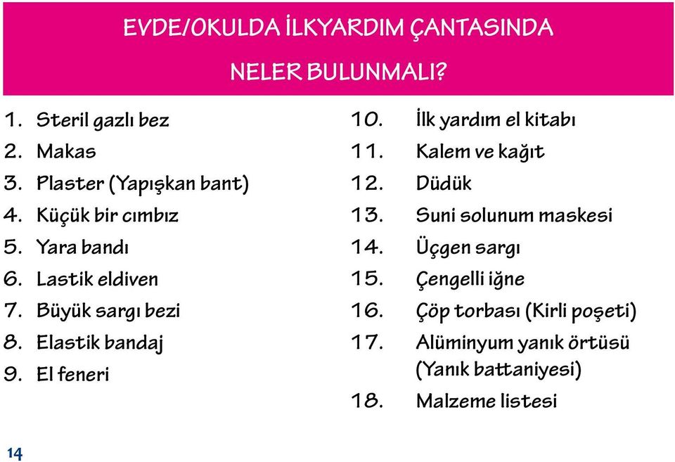 Elastik bandaj 9. El feneri 10. İlk yardım el kitabı 11. Kalem ve kağıt 12. Düdük 13.