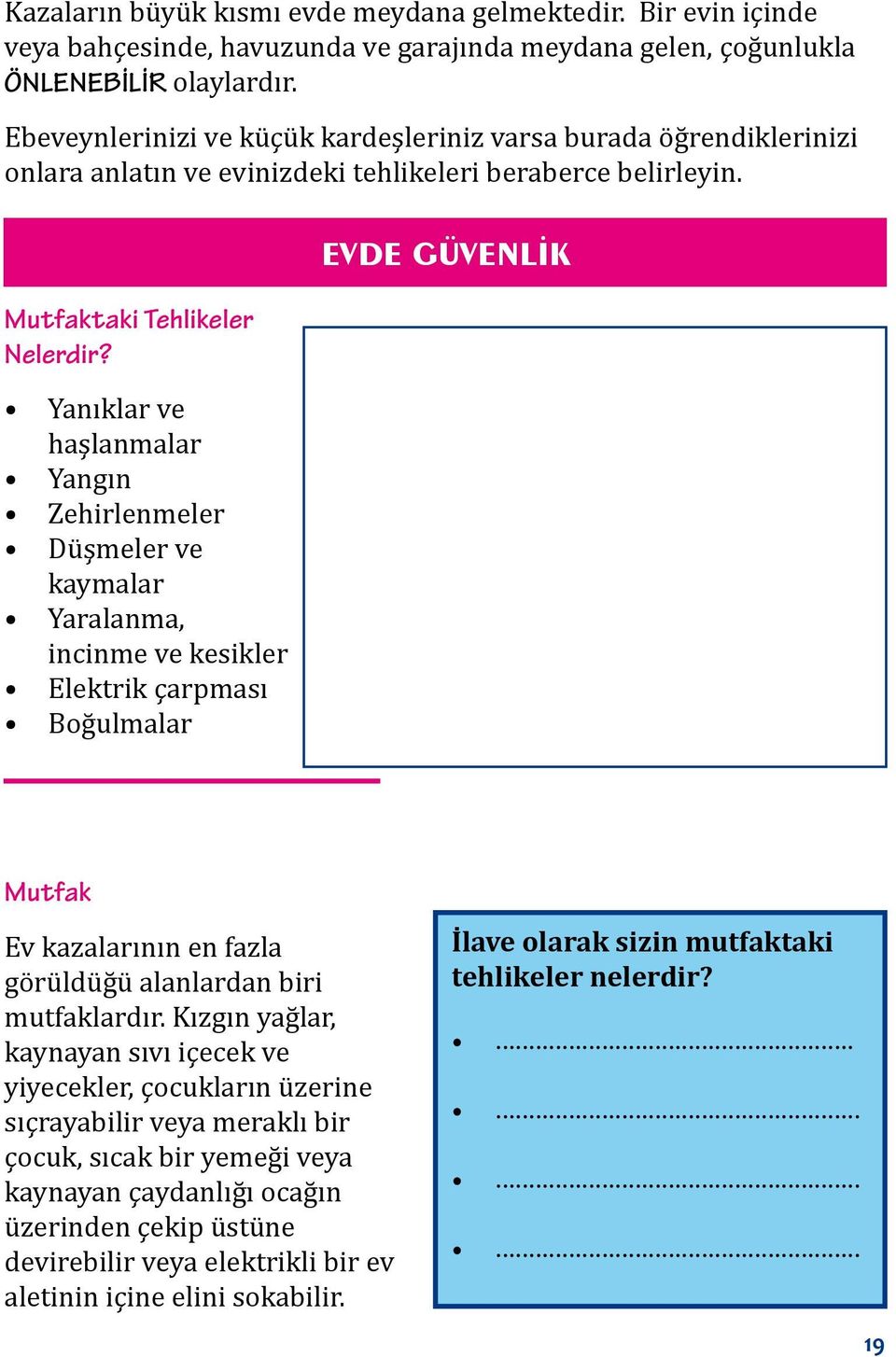 Yanıklar ve haşlanmalar Yangın Zehirlenmeler Düşmeler ve kaymalar Yaralanma, incinme ve kesikler Elektrik çarpması Boğulmalar EVDE GÜVENLİK Mutfak Ev kazalarının en fazla görüldüğü alanlardan biri