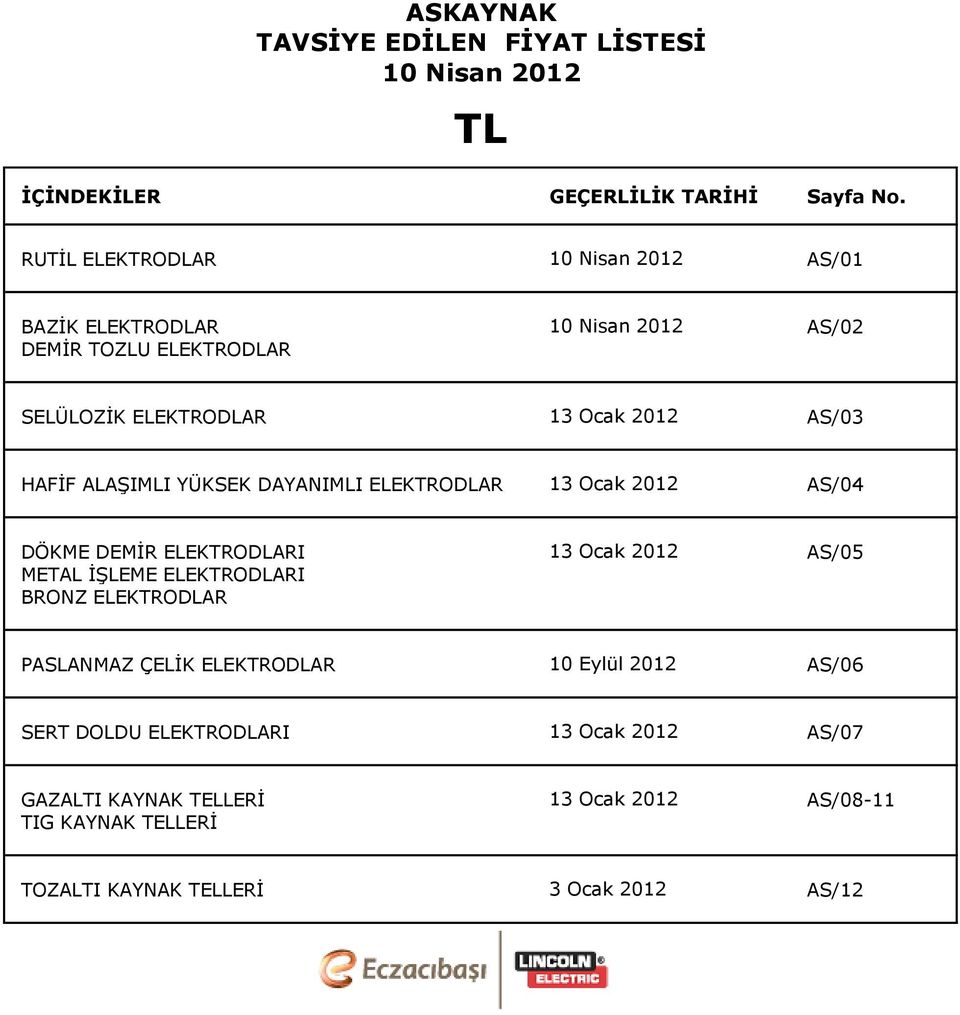 HAFİF ALAŞIMLI YÜKSEK DAYANIMLI ELEKTRODLAR 13 Ocak 2012 AS/04 DÖKME DEMİR ELEKTRODLARI 13 Ocak 2012 AS/05 METAL İŞLEME ELEKTRODLARI BRONZ