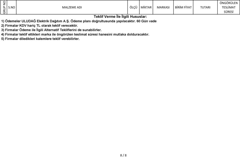 3) Firmalar Ödeme ile İlgili Alternatif Tekliflerini de sunabilirler.