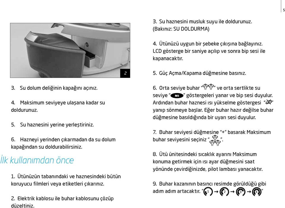 Hazneyi yerinden çıkarmadan da su dolum kapağından su doldurabilirsiniz. İlk kullanımdan önce 1. Ütünüzün tabanındaki ve haznesindeki bütün koruyucu filmleri veya etiketleri çıkarınız. 2.