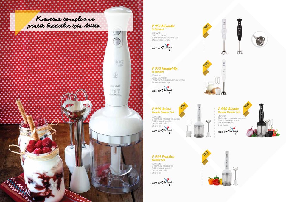 çelik blender ucu, çırpıcı 2 farklı hız seçeneği 700 P 949 Asisto Komple Blender Seti 700 El blenderi, parçalayıcı, çırpıcı 0,8 lt hazne kapasitesi Üstün