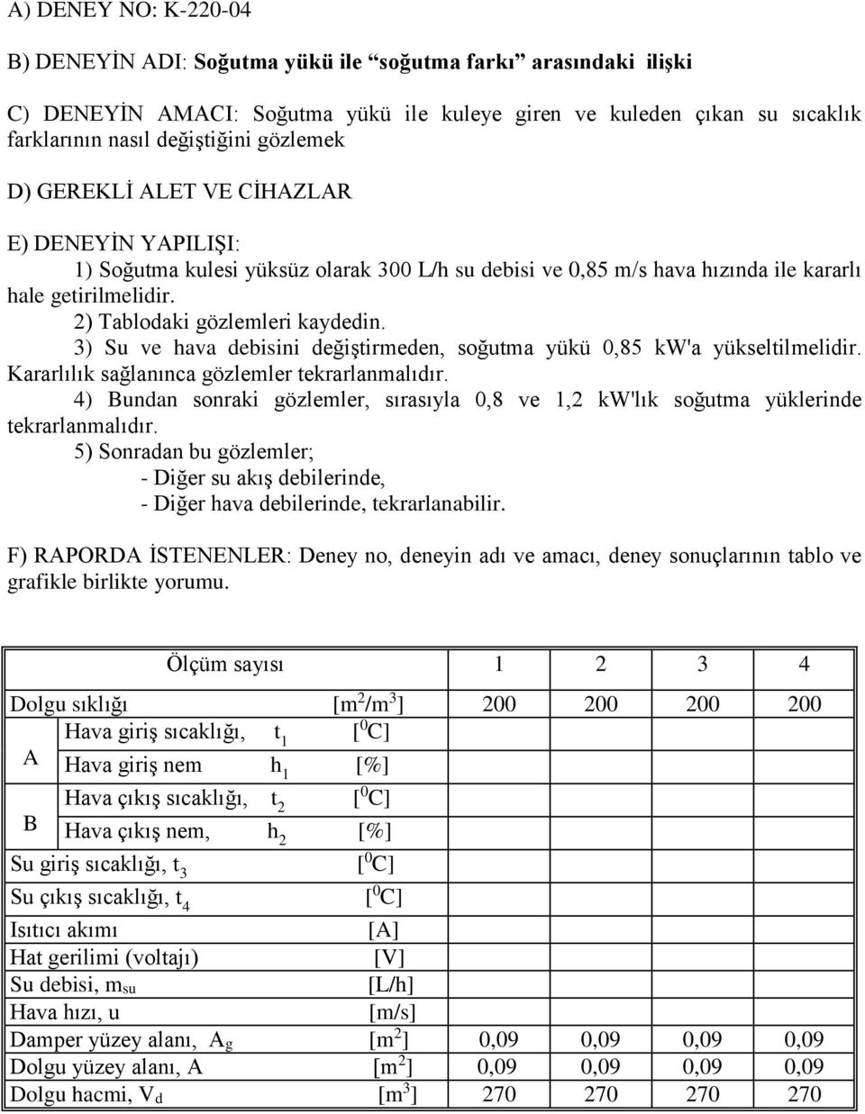 3) Su ve hava debisini değiştirmeden, soğutma yükü 0,85 kw'a yükseltilmelidir. Kararlılık sağlanınca gözlemler tekrarlanmalıdır.