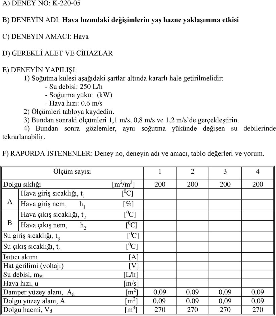 3) Bundan sonraki ölçümleri 1,1 m/s, 0,8 m/s ve 1,2 m/s de gerçekleştirin. 4) Bundan sonra gözlemler, aynı soğutma yükünde değişen su debilerinde tekrarlanabilir.